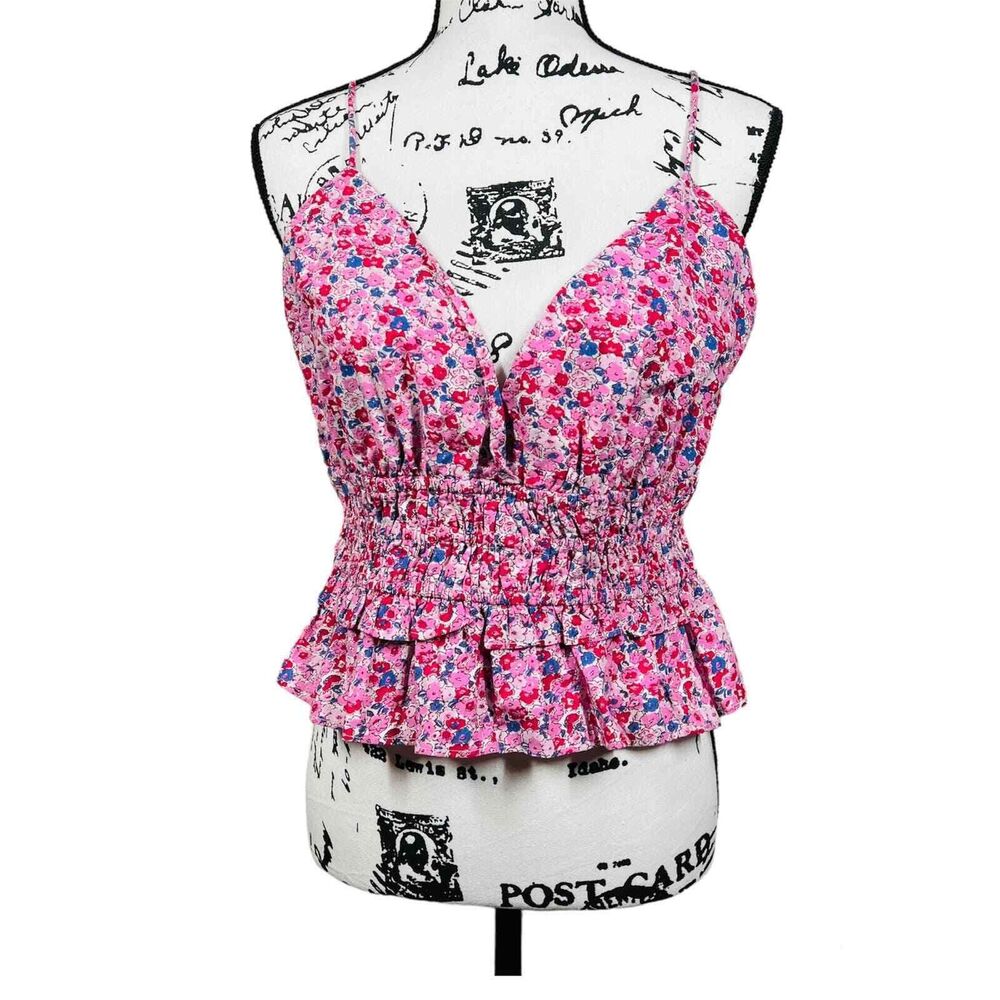 Sim and Sam pink top strap V neckline smocked floral blouse size XL boho baddie